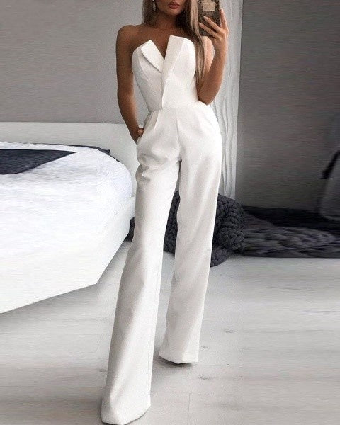 Damen Trägerlos Weites Bein Jumpsuit | V-Ausschnitt