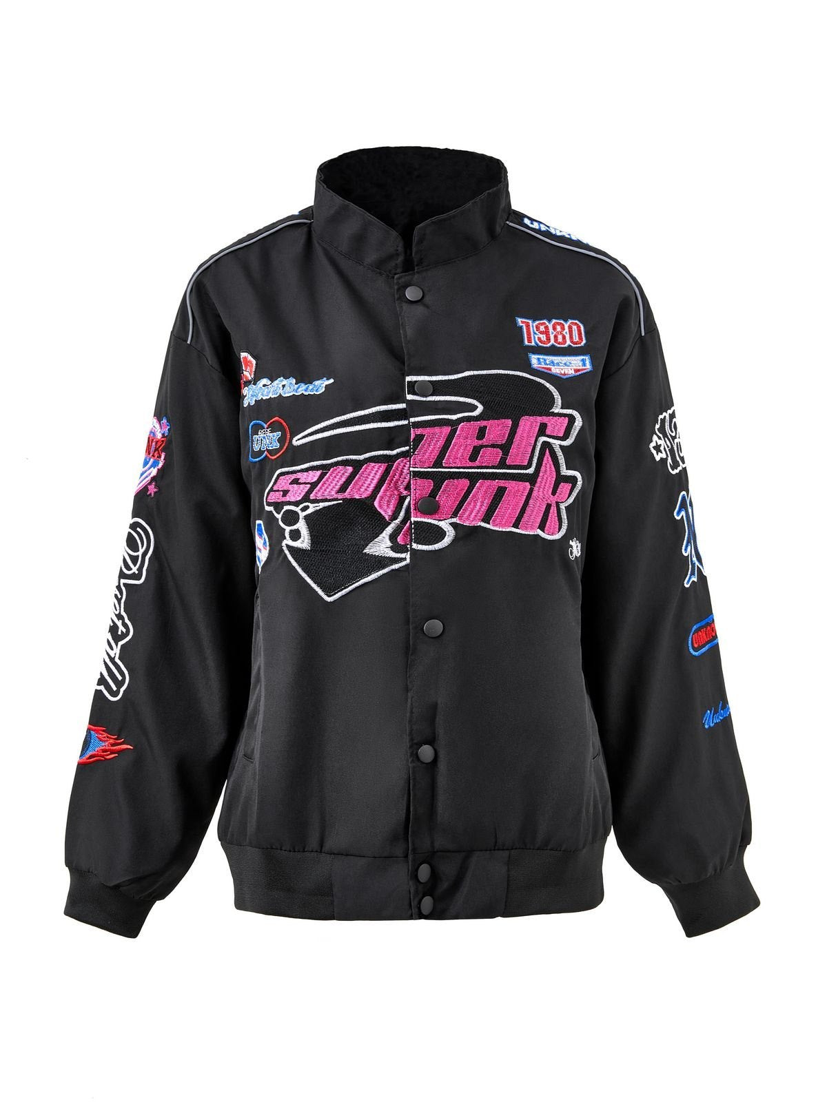 Schwarze Vintage Motorrad Bomberjacke mit Stickerei