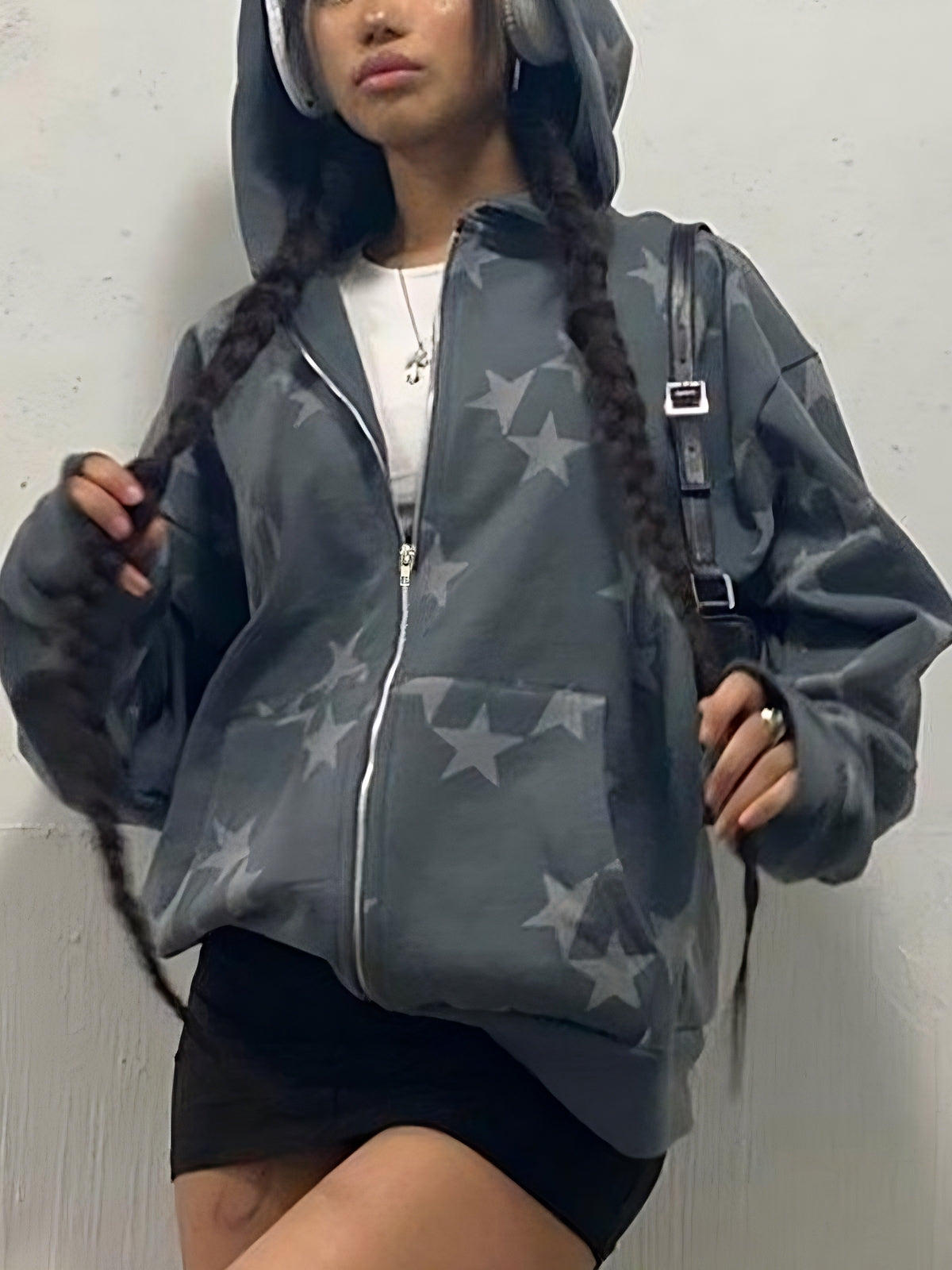 Oversized Stern Motiv Hoodie mit Reißverschluss