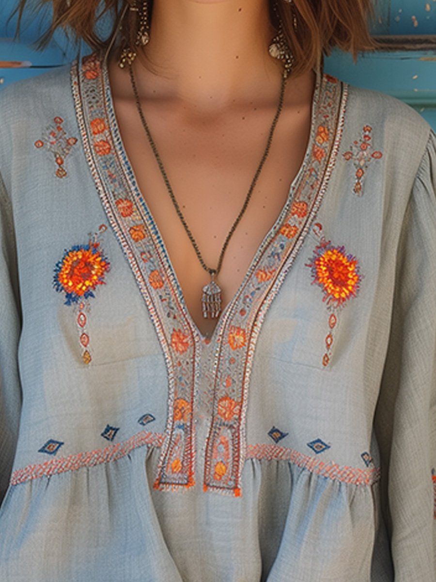 Damen V-Ausschnitt Boho Bluse | Langarm