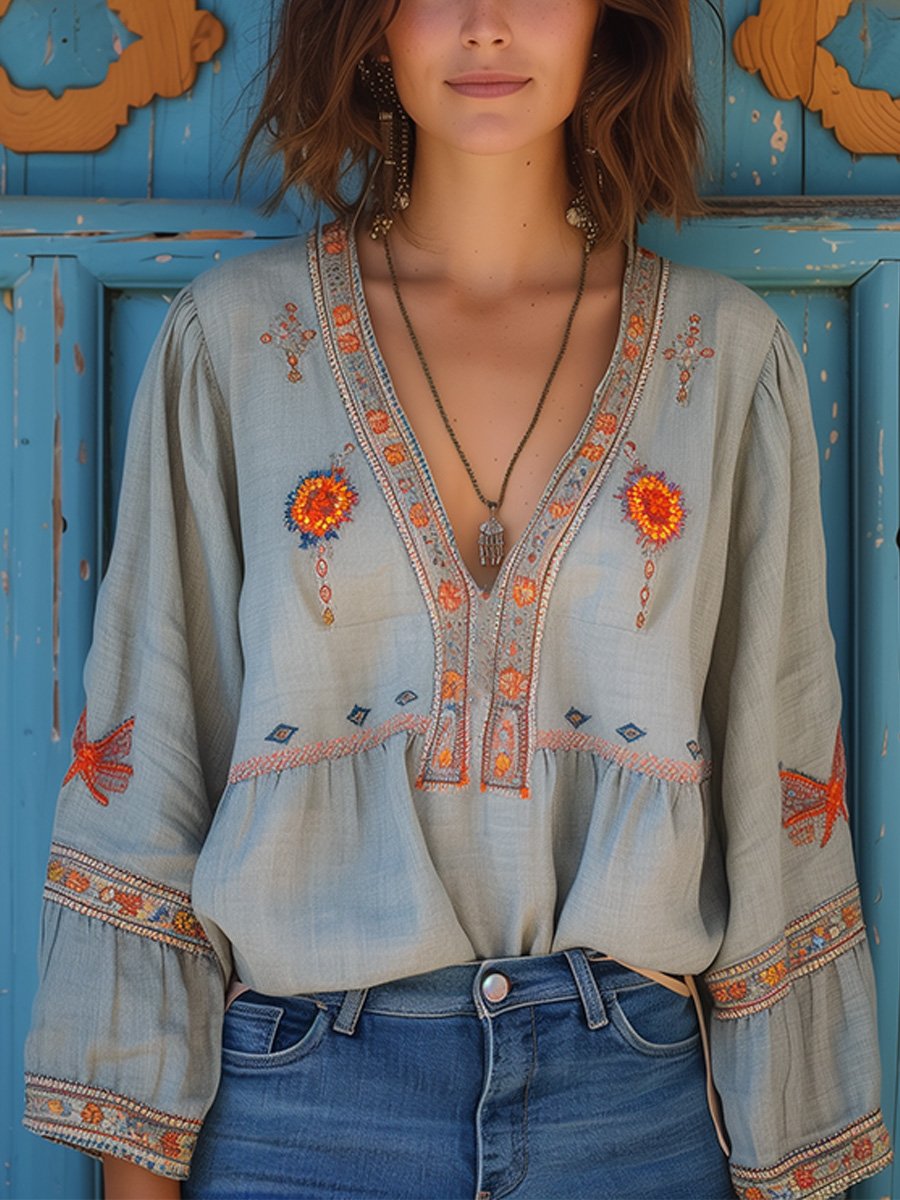 Damen V-Ausschnitt Boho Bluse | Langarm