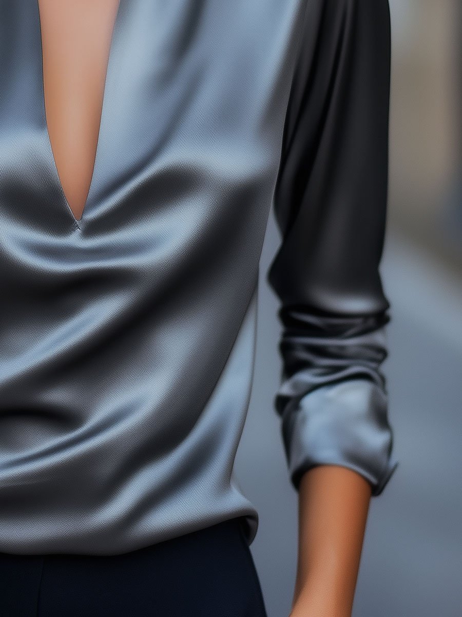 Damen Tiefem V-Ausschnitt Bluse | Lange Ärmel