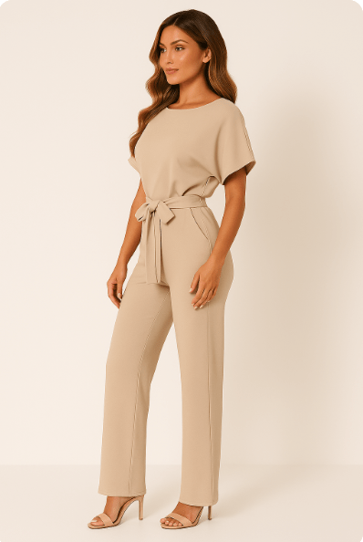 Damen Rundhalsausschnitt Weites Bein Jumpsuit | mit Bindegürtel