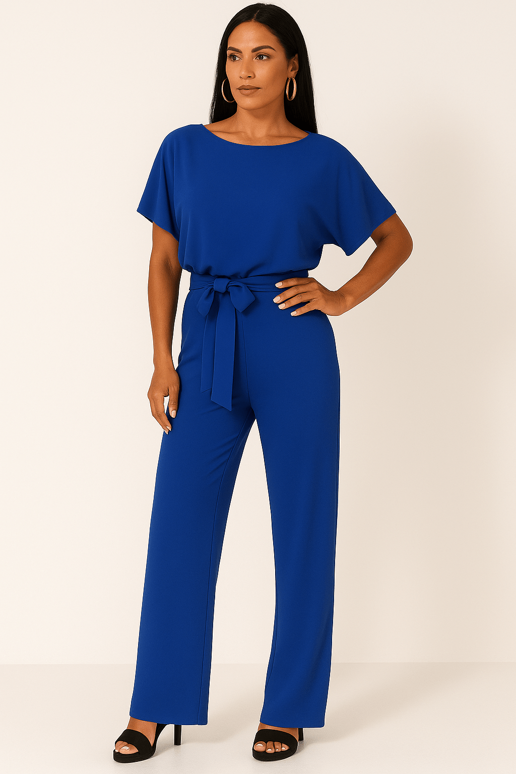 Damen Rundhalsausschnitt Weites Bein Jumpsuit | mit Bindegürtel