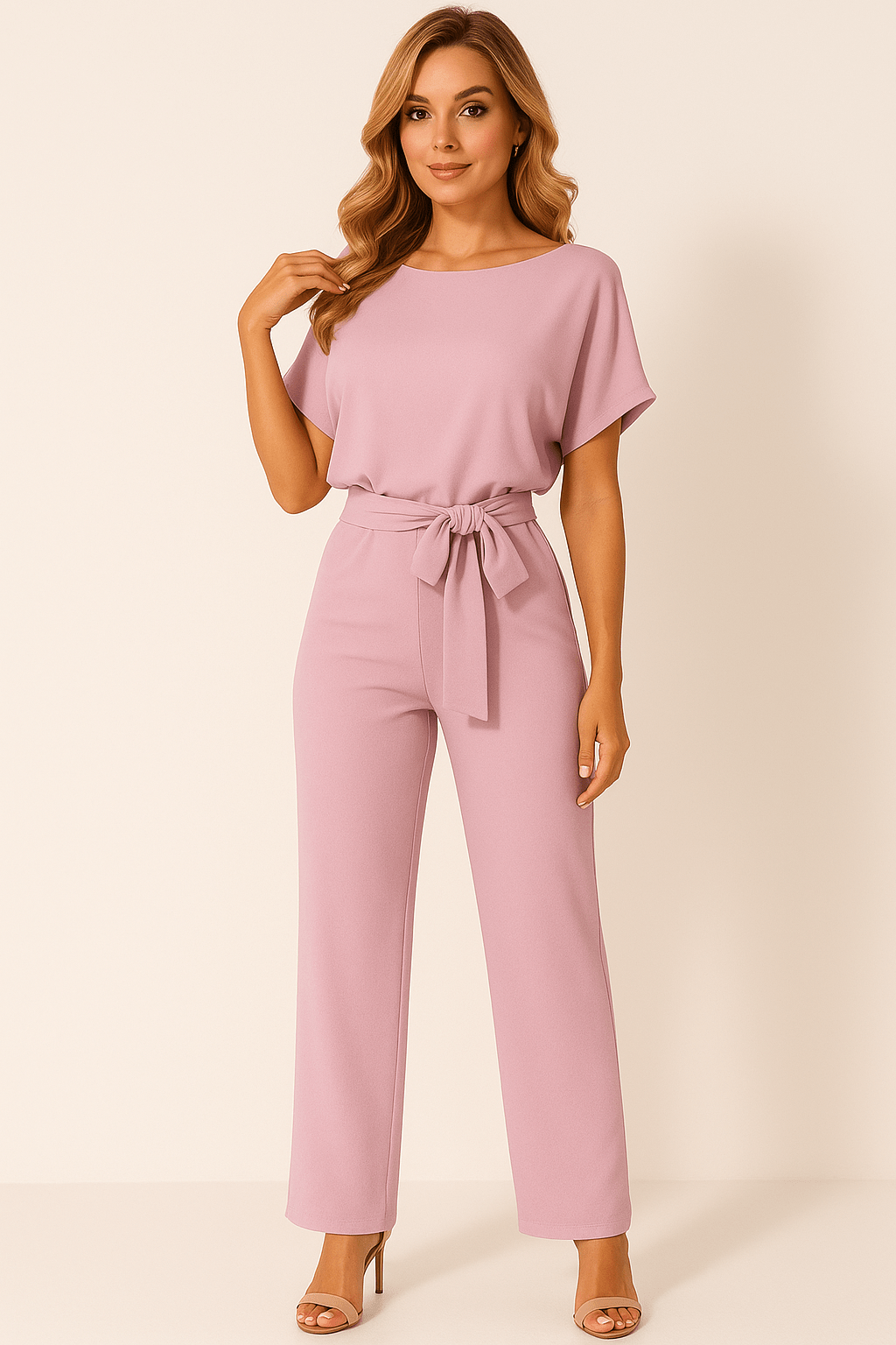 Damen Rundhalsausschnitt Weites Bein Jumpsuit | mit Bindegürtel