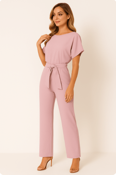 Damen Rundhalsausschnitt Weites Bein Jumpsuit | mit Bindegürtel