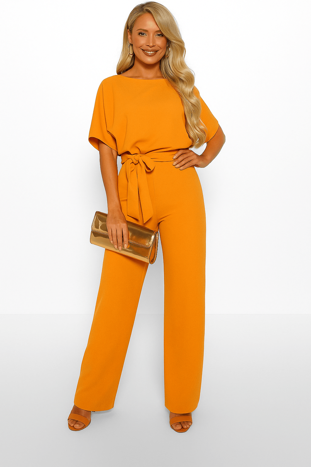 Damen Rundhalsausschnitt Weites Bein Jumpsuit | mit Bindegürtel