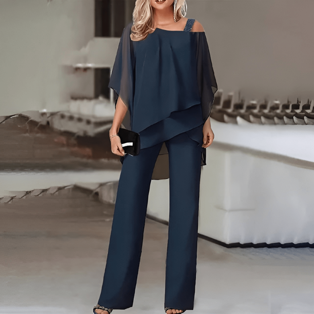 Damen Asymmetrisches Schulterfreies Top und Weite Bein Hose | Zweiteiler