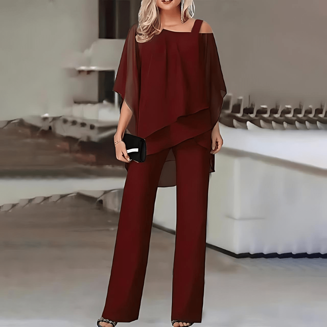 Damen Asymmetrisches Schulterfreies Top und Weite Bein Hose | Zweiteiler