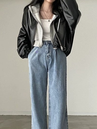 Vintage Schwarze Lederjacke mit Kordelzug und Kragenkragen