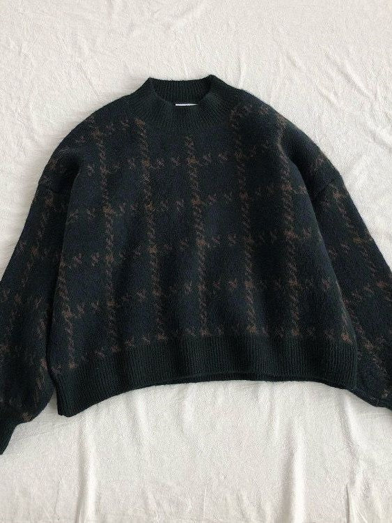 Vintage Grüner Strickpullover mit Karomuster