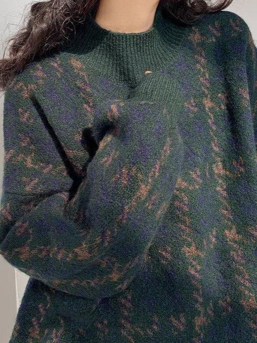 Vintage Grüner Strickpullover mit Karomuster