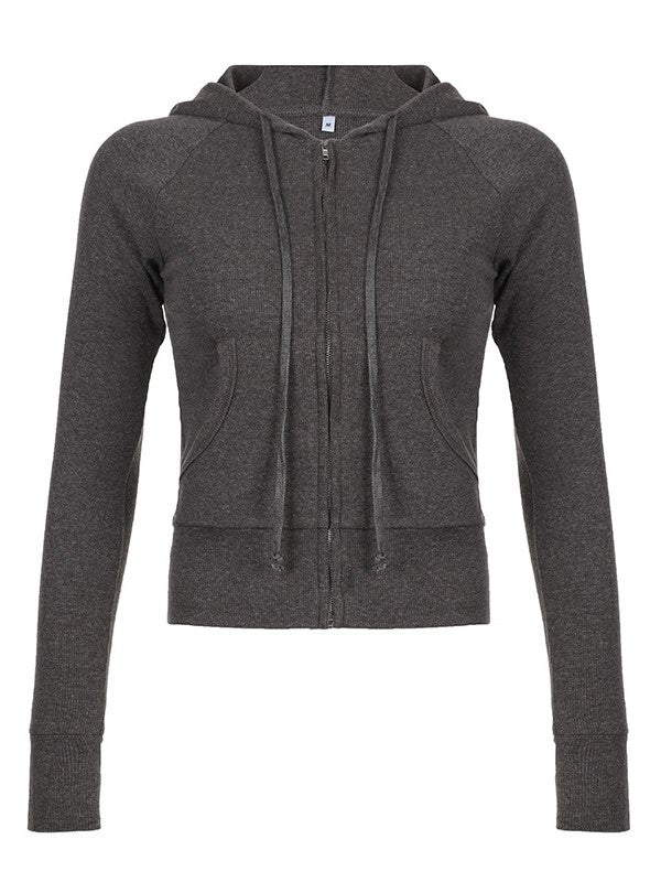 Graues Vintage Stricktop mit Reißverschluss und Kapuze