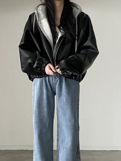 Vintage Schwarze Lederjacke mit Kordelzug und Kragenkragen