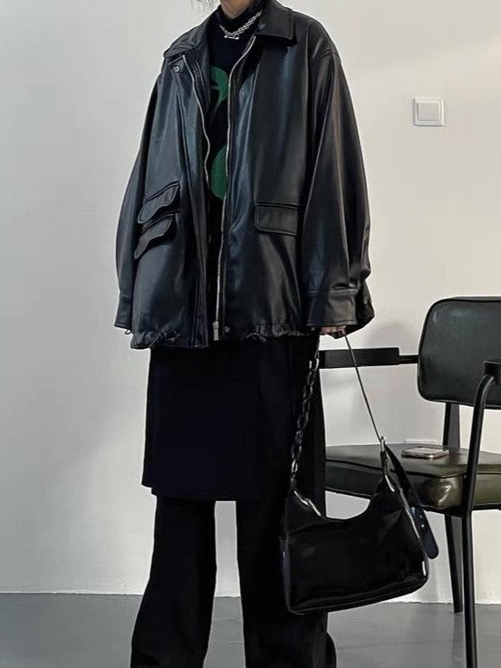 Retro Oversized Schwarze Faux Lederjacke mit Reißverschluss