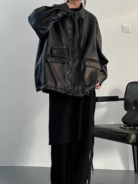 Retro Oversized Schwarze Faux Lederjacke mit Reißverschluss