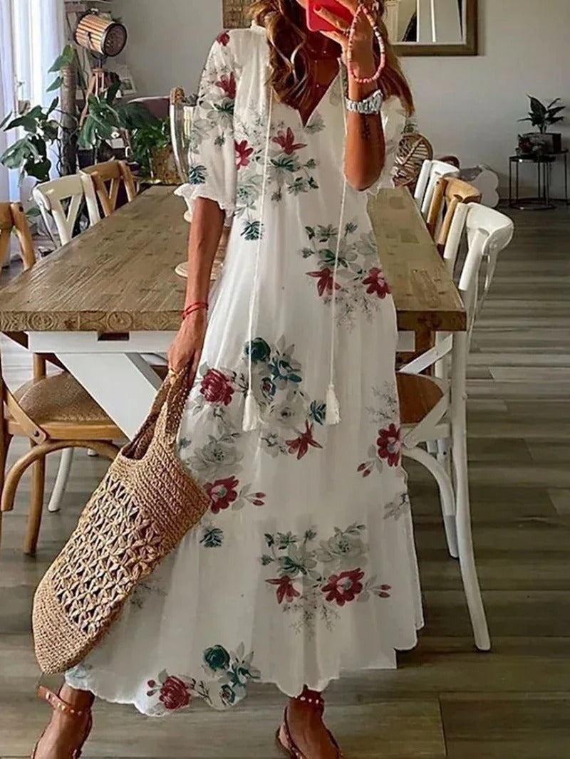 Damen Kurzarm V-Ausschnitt Bohemien Sommerkleid | Maxi