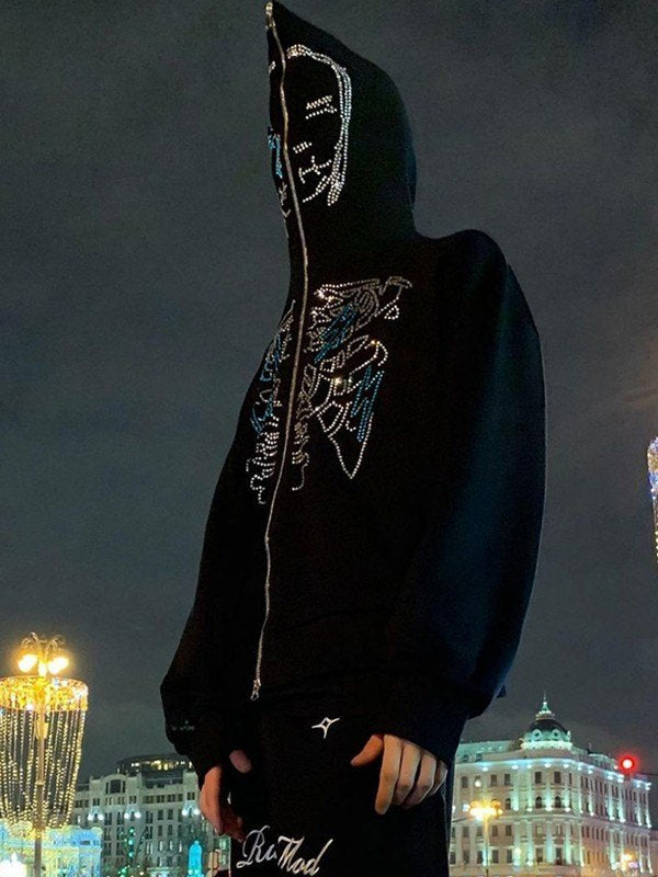 Zip Up Hoodie mit glitzernden Rhinestones und Gesicht Motiv