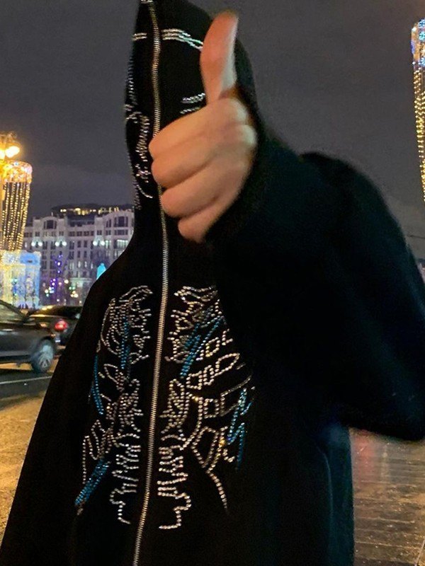 Zip Up Hoodie mit glitzernden Rhinestones und Gesicht Motiv