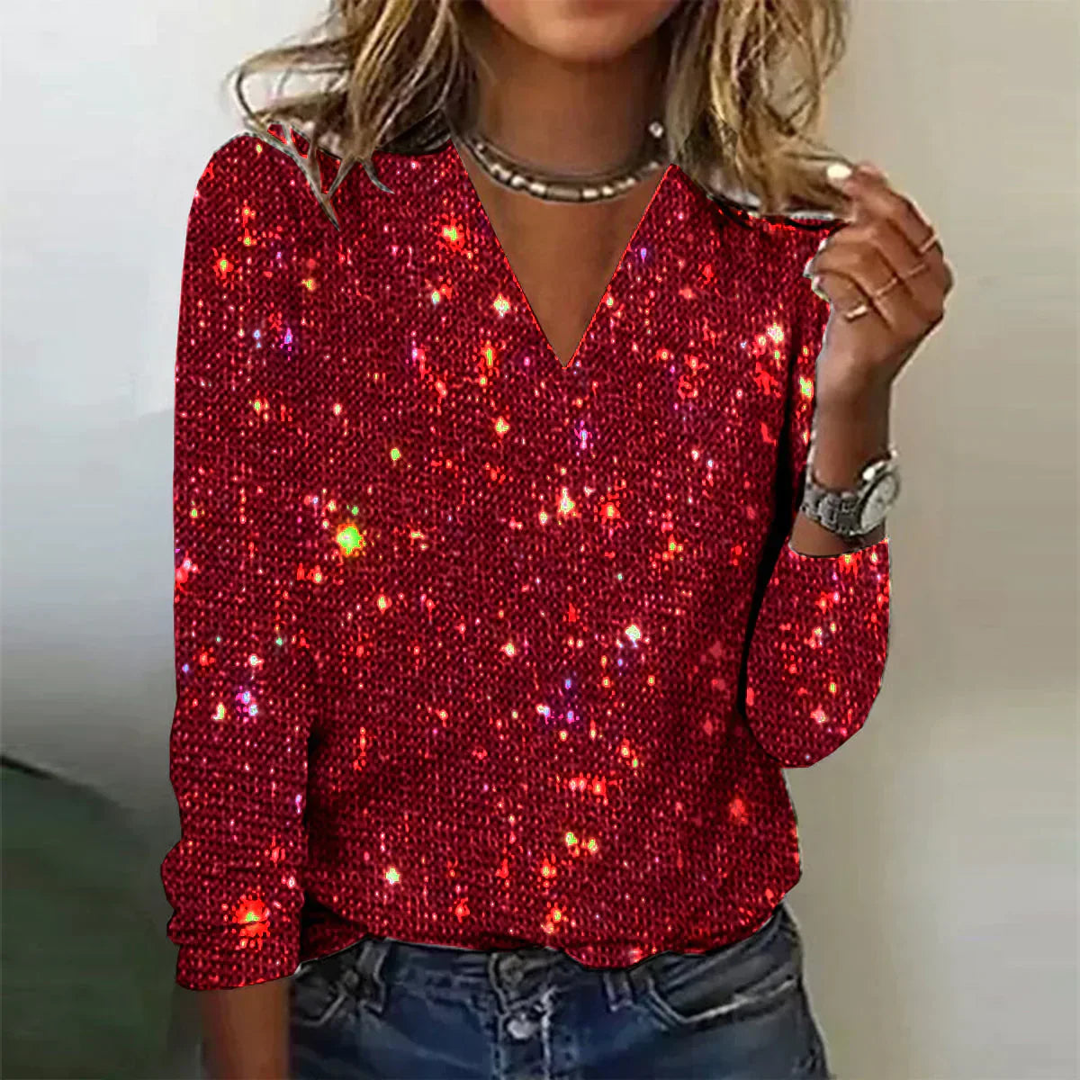Damen V-Ausschnitt Party Bluse | Langarm