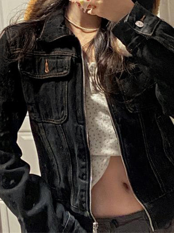 Vintage Schwarze Denim Jacke mit Reverskragen und Reißverschluss