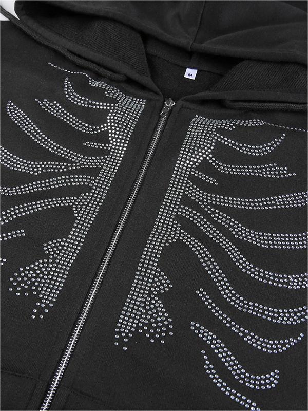 Schwarzer Hoodie mit Reißverschluss und Rhinestone Totenkopf