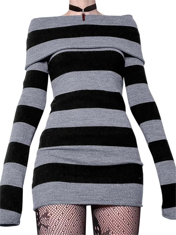 Schulterfreies Langarm Strickminikleid mit Streifen