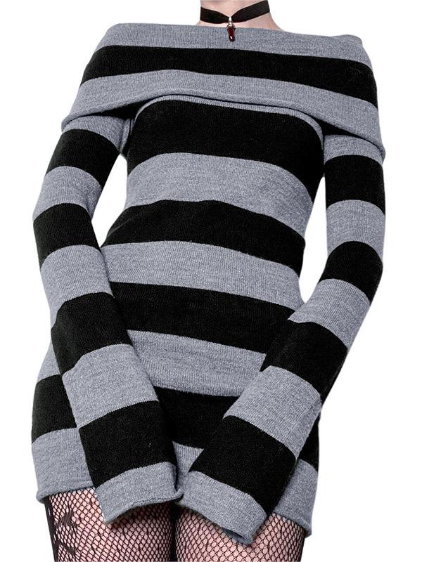 Schulterfreies Langarm Strickminikleid mit Streifen