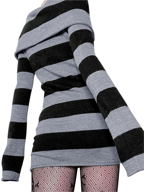 Schulterfreies Langarm Strickminikleid mit Streifen