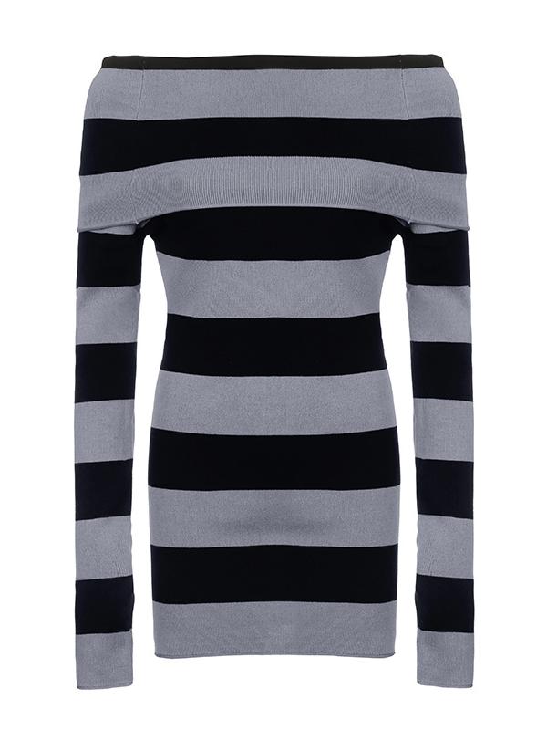 Schulterfreies Langarm Strickminikleid mit Streifen