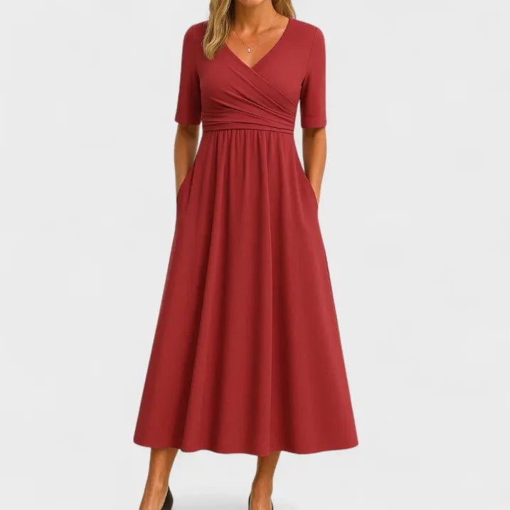 Damen V-Ausschnitt 3/4-Ärmel Wickelkleid | Midi