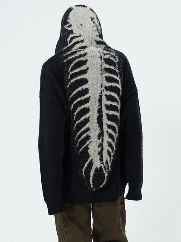 Schwarzer Punk Hoodie Kapuzenpullover mit Skull Jacquardmuster