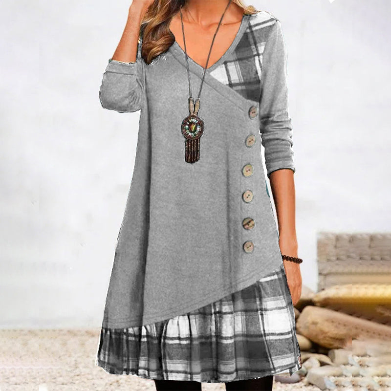 Damen Karo Lange Ärmeln Knöpfen Kleid | Midi