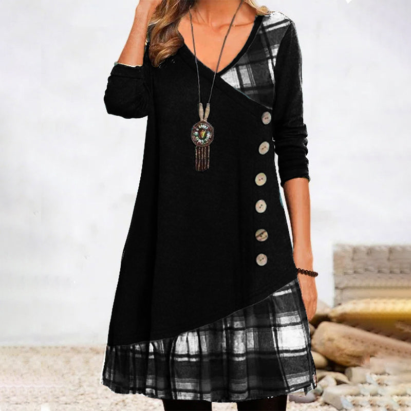 Damen Karo Lange Ärmeln Knöpfen Kleid | Midi