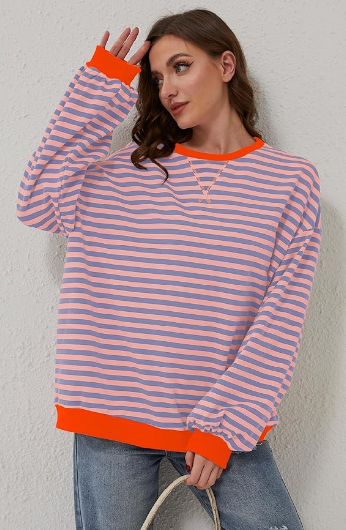 Damen Gestreiftes Rundhalsausschnitt Top | Langärmlig