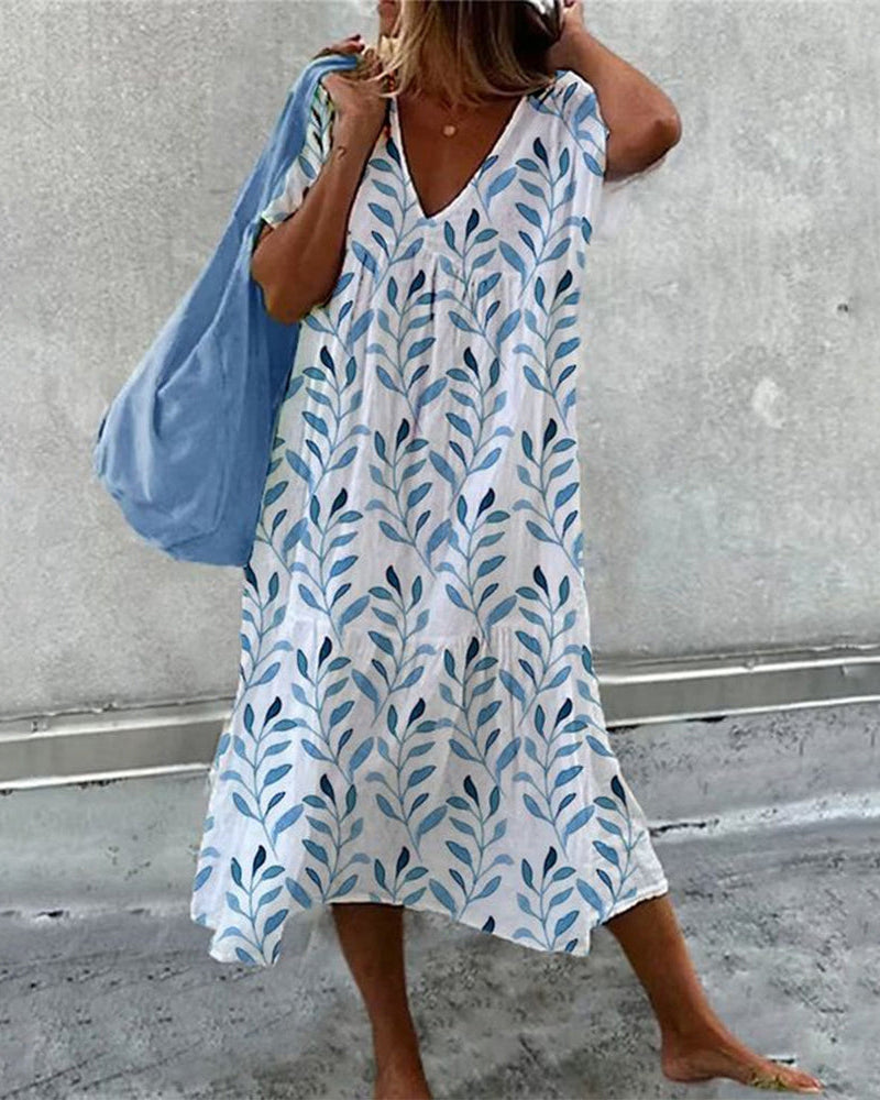 Damen V-Ausschnitt Blätterprint Sommerkleid | Midi