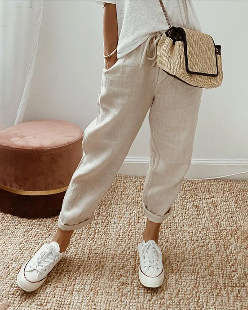 Damen Lässige Leinenhose | mit Kordelzug und Taschen