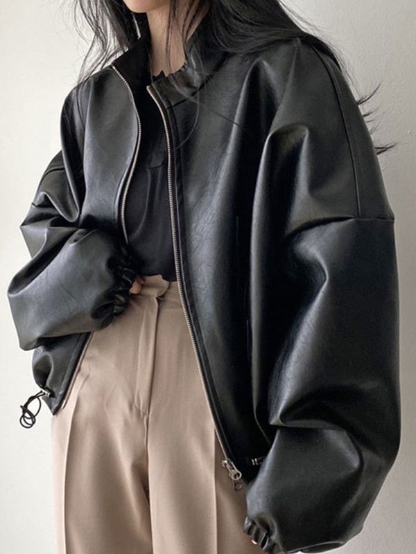 Vintage Schwarze Lederjacke mit Kordelzug und Kragenkragen