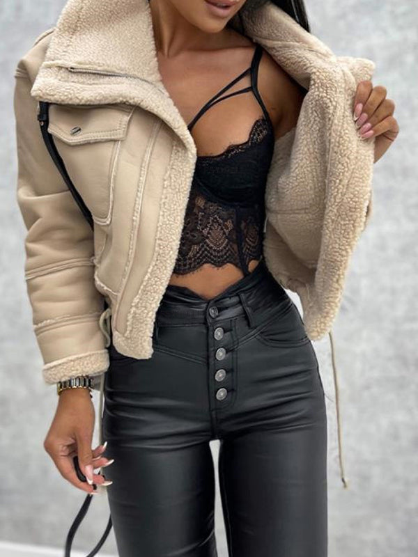 Einfarbige Vintage Lammwolle Kurzjacke mit Reißverschluss