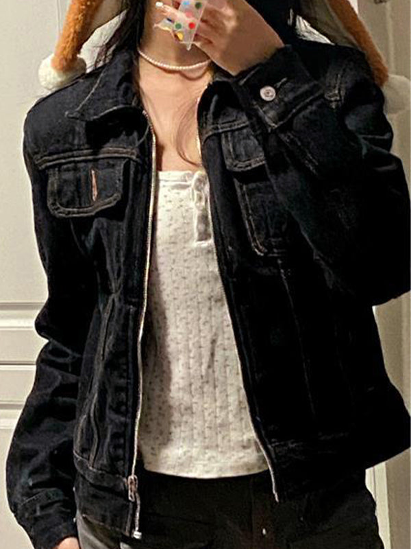 Vintage Schwarze Denim Jacke mit Reverskragen und Reißverschluss