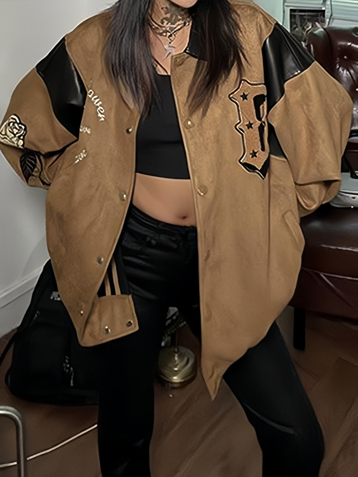 Vintage Braune Velour Lederjacke mit Stickerei