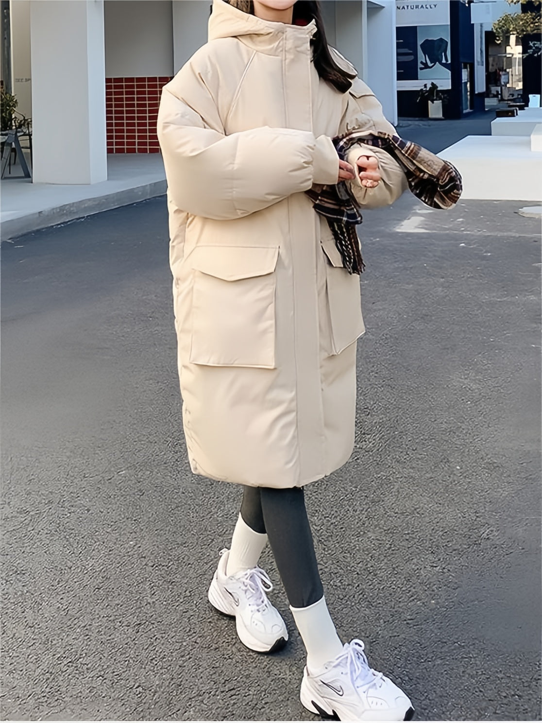 Klassische Kontrast Longline Steppjacke mit Kapuze