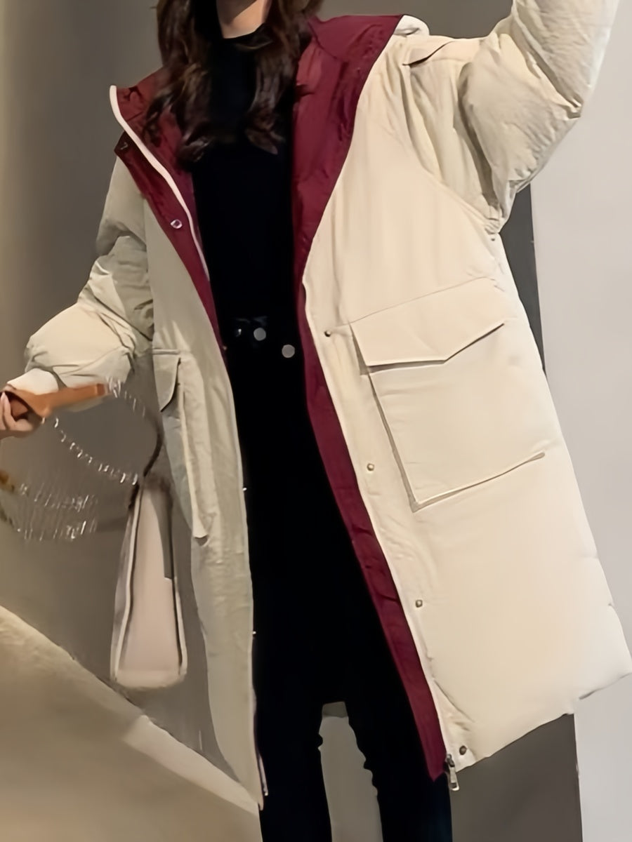 Klassische Kontrast Longline Steppjacke mit Kapuze