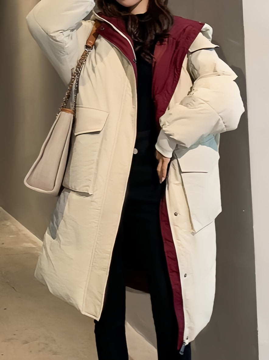 Klassische Kontrast Longline Steppjacke mit Kapuze