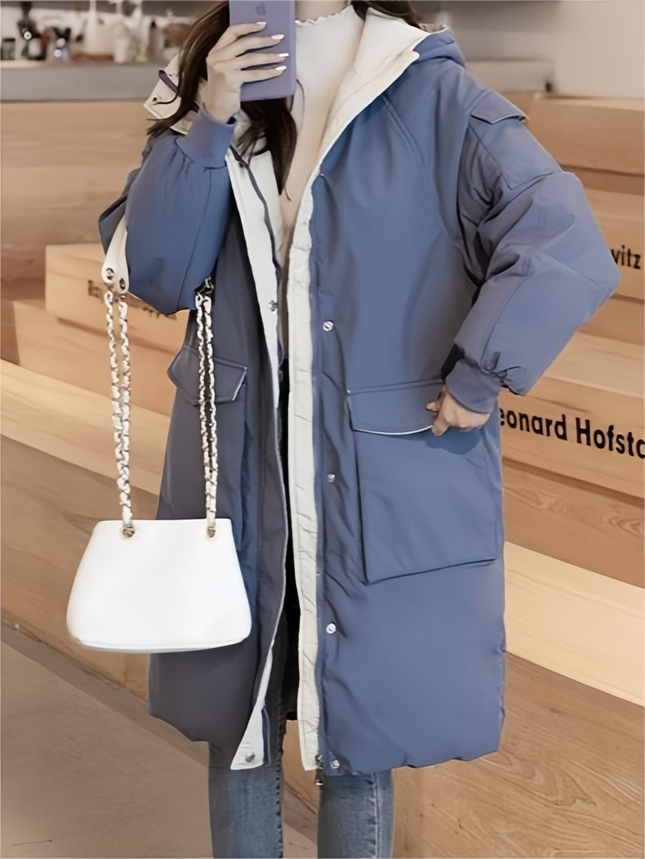 Klassische Kontrast Longline Steppjacke mit Kapuze