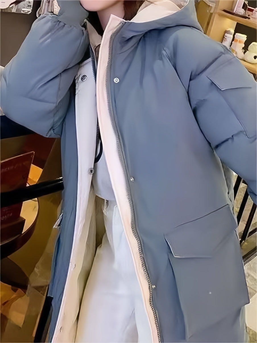 Klassische Kontrast Longline Steppjacke mit Kapuze