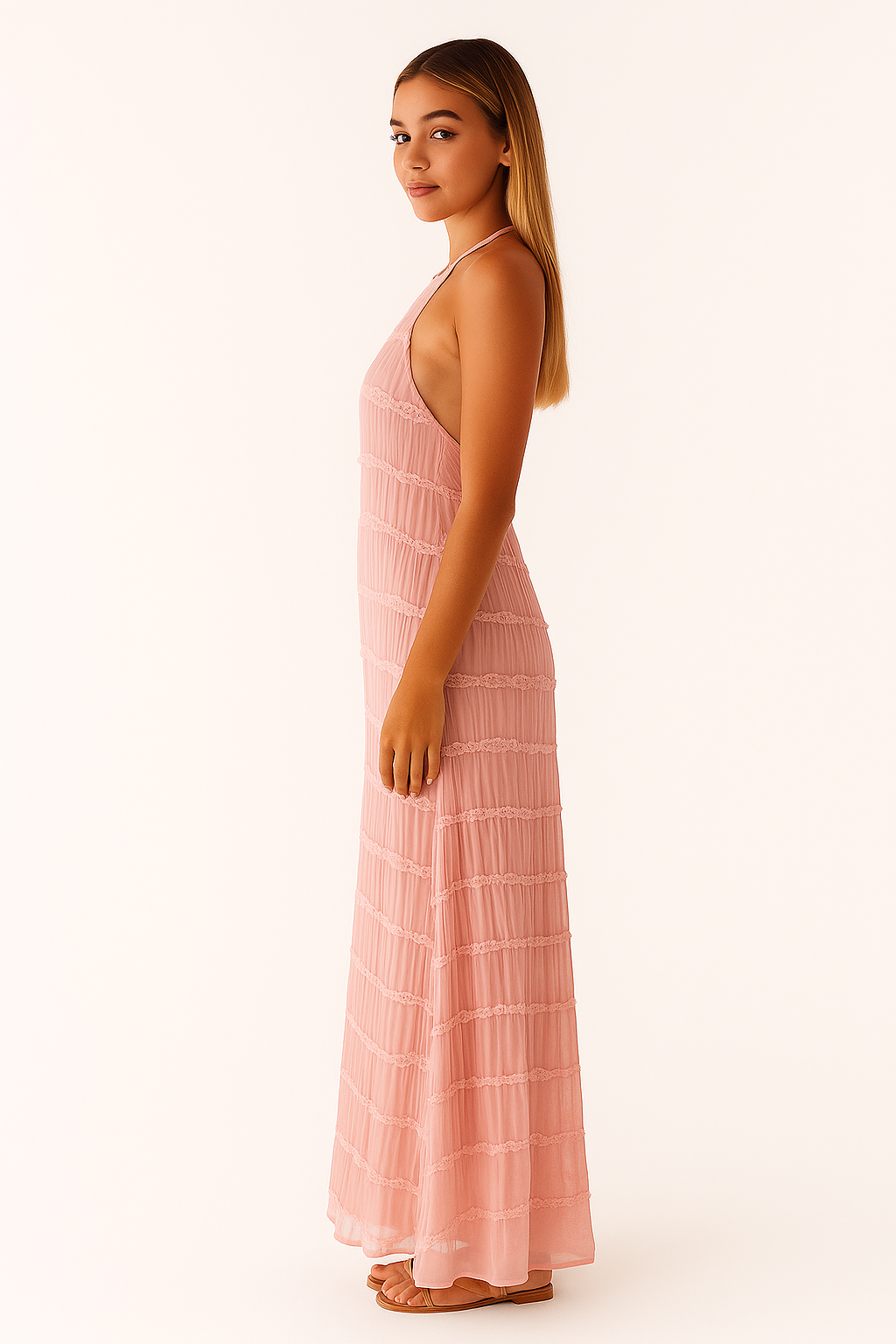 Plissiertes Maxikleid mit Neckholder für Damen in Rosa