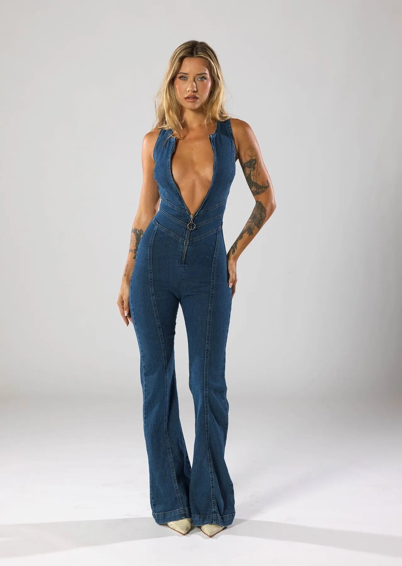Damen Lässig Blau Ausgestelltem Bein Jumpsuit | Ärmellos