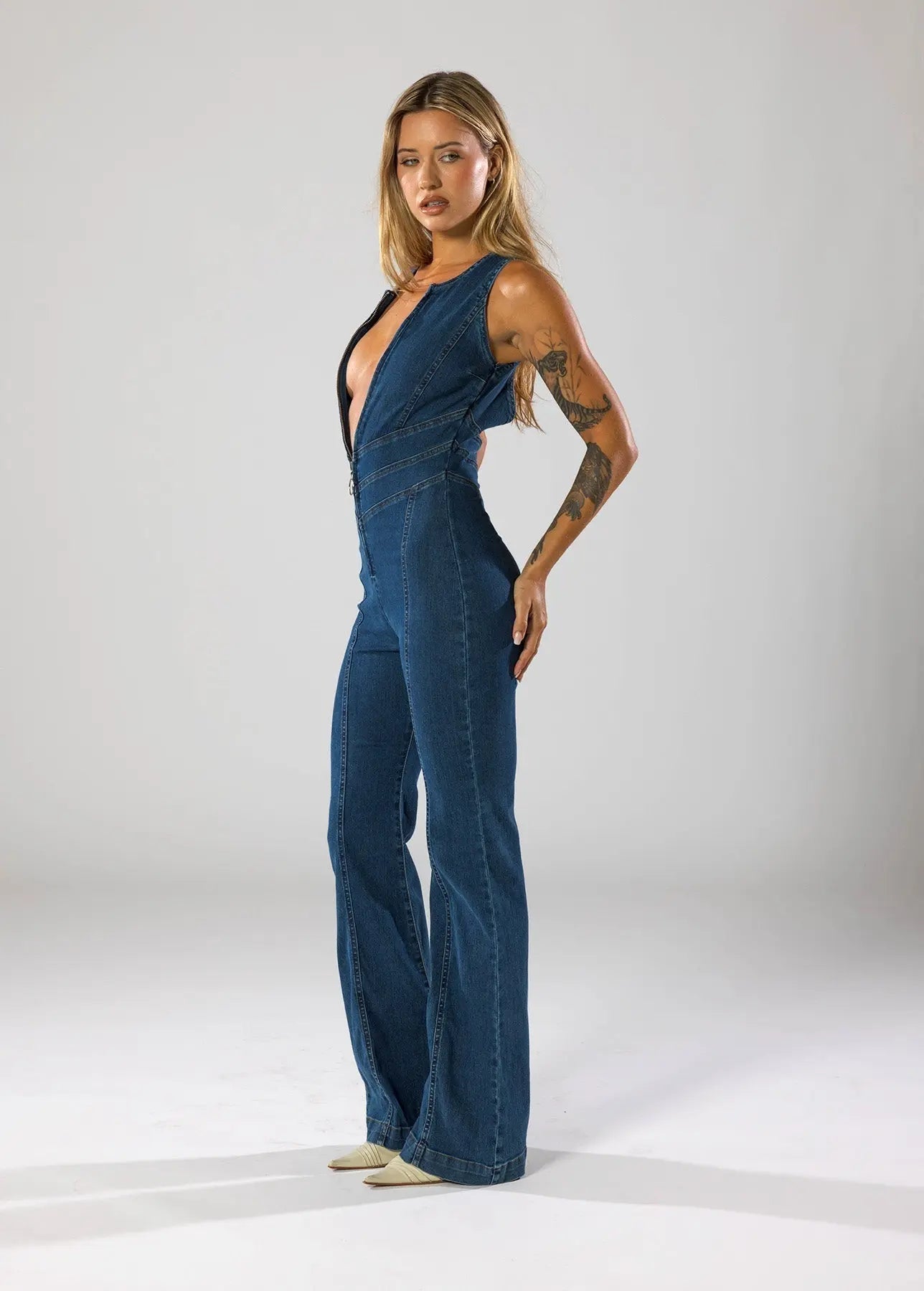Damen Lässig Blau Ausgestelltem Bein Jumpsuit | Ärmellos