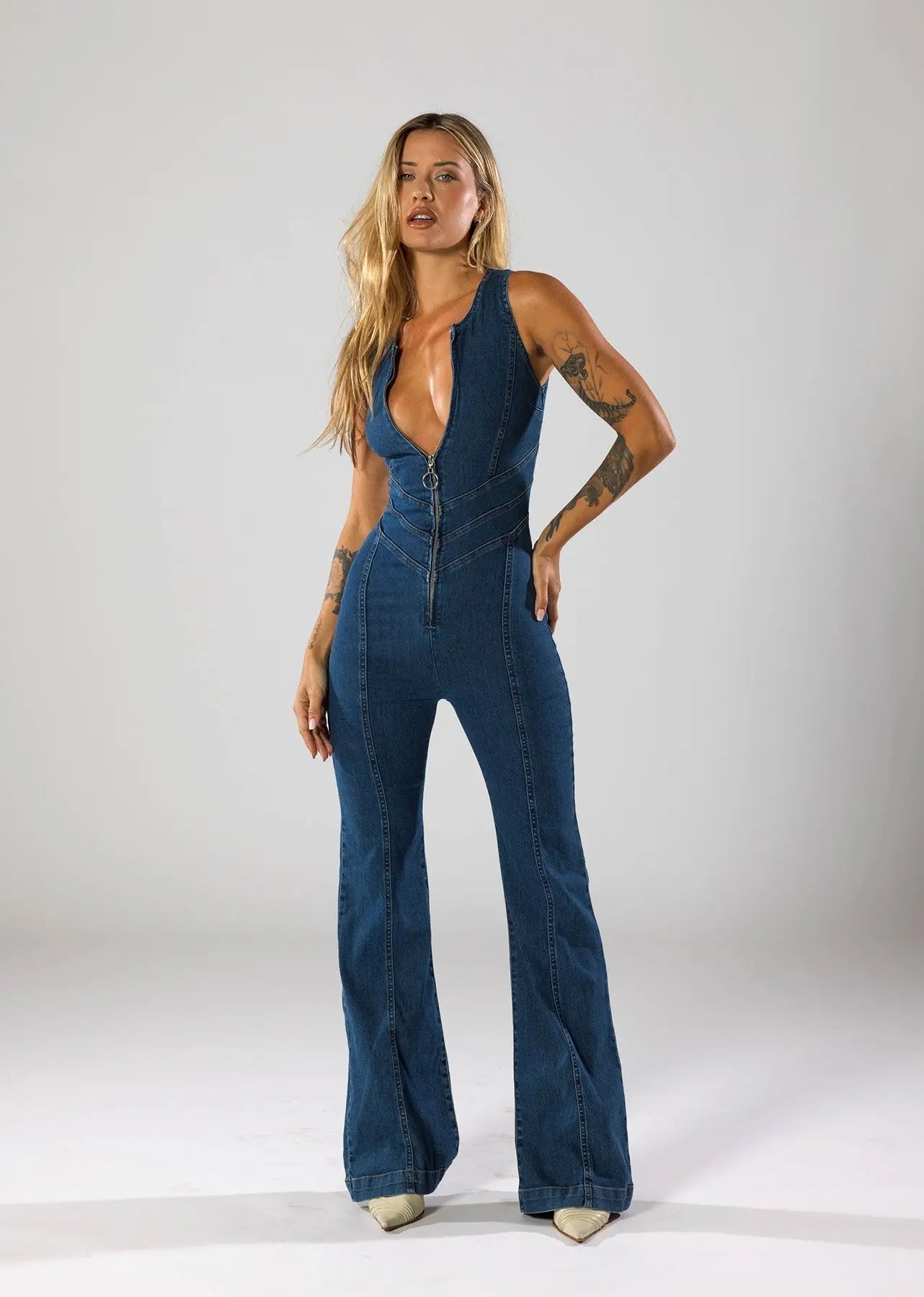 Damen Lässig Blau Ausgestelltem Bein Jumpsuit | Ärmellos